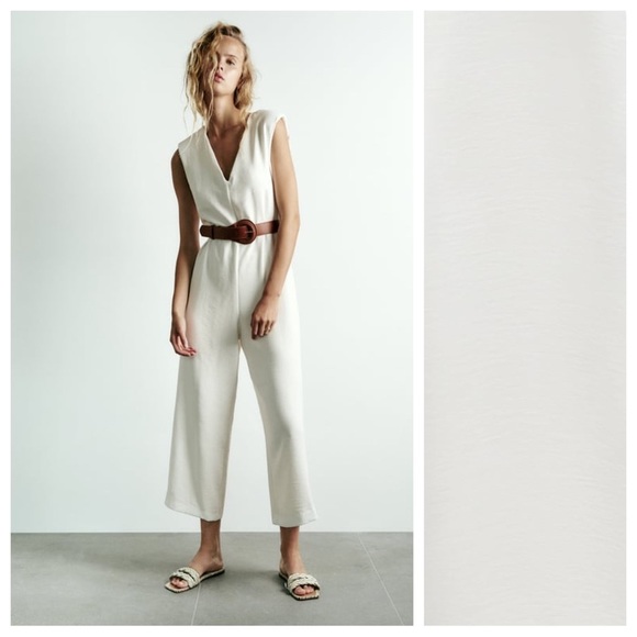 NWT. Zara White White Wide Leg Jumpsuit with Contrast Brown Belt. Size XL. - Picture 1 of 11